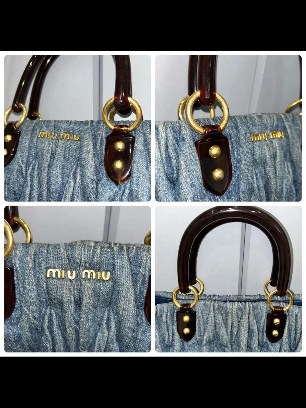 Miu Miu Blue Denim Matelassé Tote with Gold Hardware